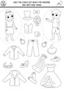 Marriage ceremony black and white matching activity with cute bride, groom and their clothes. Match the objects coloring page.