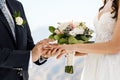 Marriage ceremony. The brides are exchanging wedding rings, the bride holds a wedding bouquet in her hand Royalty Free Stock Photo