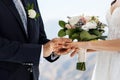 Marriage ceremony. The brides are exchanging wedding rings, the bride holds a wedding bouquet in her hand Royalty Free Stock Photo