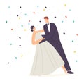 Marriage Ceremony Celebration, Husband and Wife Waltz under Falling Confetti. Happy Newlywed Couple Perform Dancing