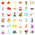 Marriage of convenience icons set, cartoon style