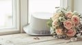 Marriage day composition of hat, rings and bouquet Royalty Free Stock Photo