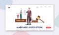 Marriage Dissolution Landing Page Template. Tiny Father Character with Daughter and Attorney at Huge Gavel, Family Law