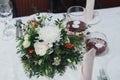 Marriage flower arrangement on table for wedding