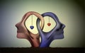 Marriage icon, people head in love, blue man and red woman heads in love, surrealistic romantic dream,together forever,