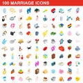 100 marriage icons set, isometric 3d style