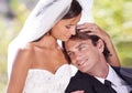 Marriage, kiss and wedding with couple, outdoor and love with romance, partnership and commitment. Nature man and woman