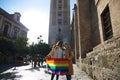 Marriage of lesbians on holiday and tourism in seville. They are in front of the cathedral and they are holding the gay pride flag