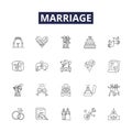 Marriage line vector icons and signs. Nuptials, Wedlock, Commitment, Matrimony, Vows, Covenant, Ceremony, Bond outline