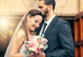 Marriage love, flower bouquet and wedding couple kiss after partnership commitment, floral trust ceremony and unity