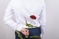 Marriage proposal concept. Cropped closeup photo portrait back behind rear view of handsome excited cheerful romantic guy holding