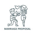 Marriage proposal,man and woman, love ring vector line icon, linear concept, outline sign, symbol Royalty Free Stock Photo