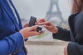 Marriage proposal in Paris, wedding in France, hands with engagement ring Royalty Free Stock Photo