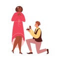 Marriage proposal surprise, romantic man stands on knee proposing to woman with jewelry diamond ring vector cartoon love