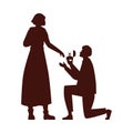 Marriage proposal surprise, vector black silhouette of man stands on knee and makes a proposal to marry the woman