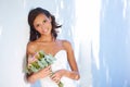 Marriage, wedding and bouquet with portrait of woman at venue for love, celebration and engagement. Ceremony, reception Royalty Free Stock Photo