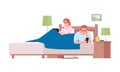 Married couple in bed using devices semi flat RGB color vector illustration. Gadgets overuse, addiction, lack of