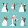 Married couple characters set. Wedding mascot design in cartoon style. Brides in beautiful clothes Royalty Free Stock Photo