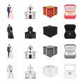 A married couple, a church, a wedding gift, an engagement ring. Wedding set collection icons in cartoon black monochrome Royalty Free Stock Photo