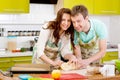 Married couple cooking apple pie at the kitchen at home