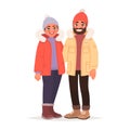 Married couple dressed in winter clothes. A man and a woman are standing together on a white background Royalty Free Stock Photo