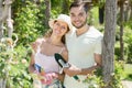 Married couple in garden smiling Royalty Free Stock Photo