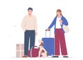 Married couple goes on trip or moves. Man is holding leash with dog in his hands, next to him is woman with suitcase. Traveling