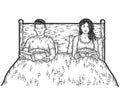 Married couple before going to bed, read books. Engraving raster illustration.