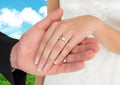 Married couple holding hands against sky in background Royalty Free Stock Photo