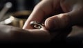 Married couple holding shiny platinum wedding rings, symbolizing eternal love generated by AI