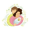 Married couple of a man and a woman with a newborn baby surrounded by leaf pattern in cartoon-style. Vector illustration Royalty Free Stock Photo