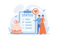 Married couple and marital status on clipboard, tiny people. Relationship status, marital status and separation, marriage and