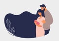 Married couple with a newborn baby. Family concept, place for text. A woman holds a baby in her arms, a man hugs his Royalty Free Stock Photo