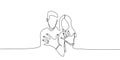 Married couple showing his and her ring after wedding with continuous single one line art drawing vector