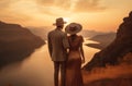 Married couple in stylish elegant clothes watches sunset in park. Generated AI