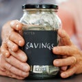 Married hands, money and mason jar for insurance, retirement or savings plan. Senior couple, cash or bills for pension