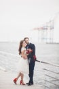 Married wedding couple standing on a wharf over the sea Royalty Free Stock Photo