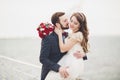 Married wedding couple standing on a wharf over the sea Royalty Free Stock Photo