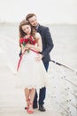 Married wedding couple standing on a wharf over the sea Royalty Free Stock Photo