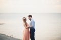 Married wedding couple standing on a wharf over the sea Royalty Free Stock Photo