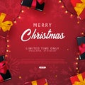 Marry Christmas and Happy New Year banner on red background with snowflakes and gift boxes. Vector illustration. Royalty Free Stock Photo