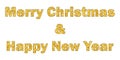 Marry Christmas and Happy New Year gold text decoration. Bright golden texture with sparkle, isolated white background Royalty Free Stock Photo