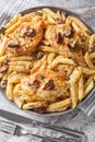 Marry me chicken pasta with sun-dried tomatoes and Parmesan in a creamy sauce closeup on the plate. Vertical top view Royalty Free Stock Photo