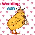 Vedding day. Chicken in cartoon style. Birds on the wedding card. Wedding element desing. Vector illustration