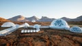 Mars base, colony. Expedition on alien planet. Aerial view. Geo capsyles. Life on Mars. 3d rendering. Royalty Free Stock Photo