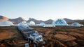 Mars base, colony. Expedition on alien planet. Aerial view. Geo capsyles. Life on Mars. 3d rendering.