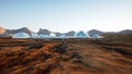 Mars base, colony. Expedition on alien planet. Aerial view. Geo capsyles. Life on Mars. 3d rendering. Royalty Free Stock Photo