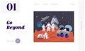 Mars Colonization Landing Page Template. Astronauts Family Characters in Space Suits near Rocket