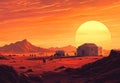 Mars Colony at Sunset Ã¢â¬\' Astronauts Exploring Red Planet Settlement Under Orange Sky Royalty Free Stock Photo