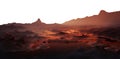 mars hot flaming surface. alien planet landscape. science fiction fantasy terrain. Transparent PNG background. foggy, misty.